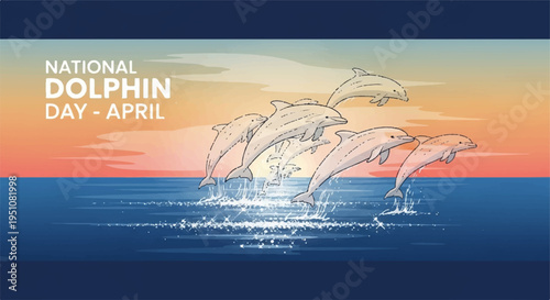 Dolphins jumping out of ocean water on national dolphin day in april at sunset