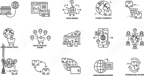 Global e commerce and international business line icon set featuring online shopping logistics worldwide delivery digital payment and cross border trade