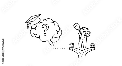 Student dilemma: education vs. career path choice, brain with graduation cap, crossroads