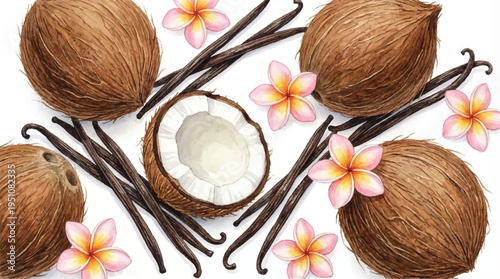 Coconuts vanilla beans and plumeria flowers on white background