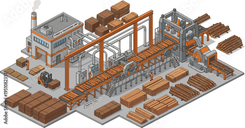 Isometric sawmill factory vector illustration with timber processing, wood logs, lumber piles, and machinery