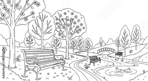 Hand-drawn spring park scene illustration for coloring books, featuring beautiful blossoming cherry trees, quaint benches, a winding path, a serene pond with ducks, and a charming bridge.