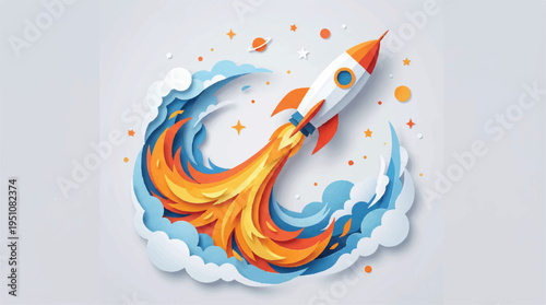 Colorful illustration of a rocket ship blasting off into space with flames and clouds