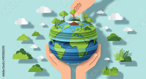 Hands cradling a vibrant green and blue earth with trees and clouds symbolizing environmental care and sustainability