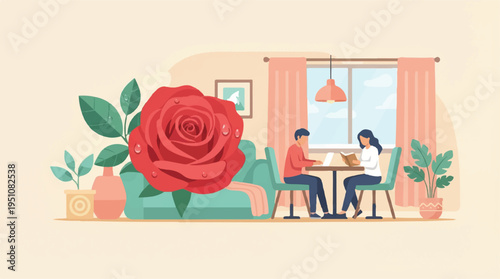 Couple sitting at table in living room with large rose and plants