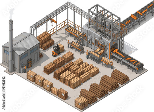 Isometric sawmill factory vector illustration with wood processing machinery, timber logs, and lumber storage
