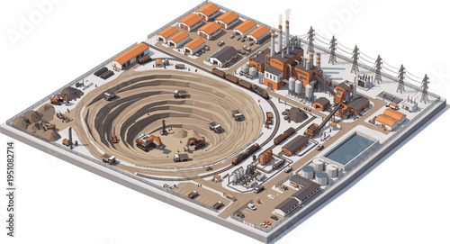 Isometric open pit mine vector illustration with heavy machinery, processing plant, and freight train