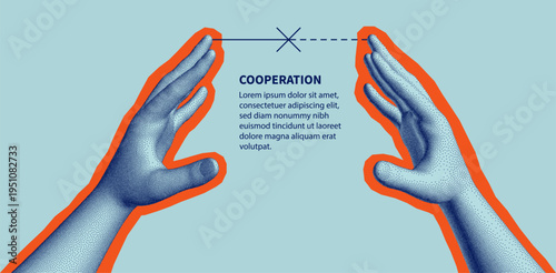 Text between two hands. Highlighted in bright color. The power of attraction and support. Concept of human partnership, connection, contact or network. Copy space for text. 3d vector for design.