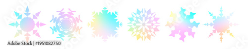 Hologram snowflake set icon. Gradient neon y2k shape. Holographic shine abstract snow flake, flower, sun, sparkle. Winter twinkle form. Vector gradient illustration