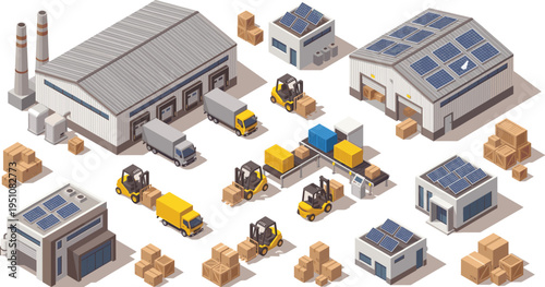 Isometric industrial warehouse vector set with forklifts, delivery trucks, solar panels, and storage boxes