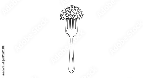 Single Fork Holding a Ball of Spaghetti, Minimalist Line Art