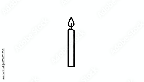 Single Lit Candle Burning Brightly with Flame, Minimalist Black and White Line Art Icon