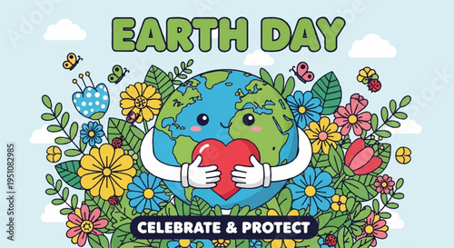 Earth day illustration of a smiling earth with hands holding a heart surrounded by colorful flowers and leaves celebrating environmental protection