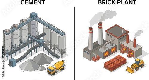 Isometric industrial vector set featuring cement production silos and brick manufacturing plant with machinery