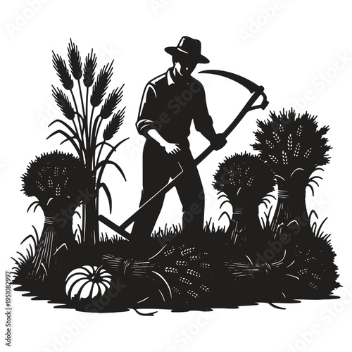Silhouette of a farmer in a hat with a scythe harvesting wheat surrounded by haystacks and a pumpkin depicting an autumn harvest scene with traditional farming tools