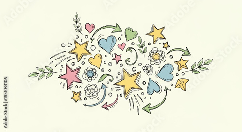 Whimsical doodle stars hearts flowers on pale background colorful hand drawn illustration
