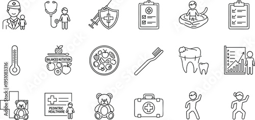 Healthcare and medical service line icon set featuring doctor patient insurance vaccination dental care hospital treatment health monitoring and wellness symbols