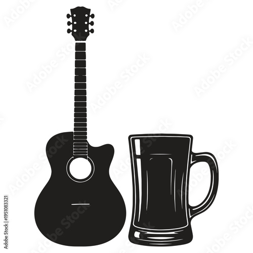 Silhouette of an acoustic guitar standing next to a frothy beer mug representing a perfect blend of music and enjoyment often associated with pubs and leisure activities a harmonious pairing