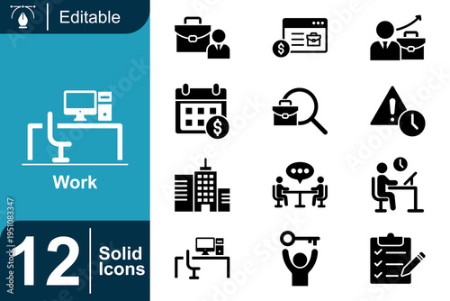 Work icon set. Business workplace concept, office activity, job productivity, corporate workflow, meeting discussion, professional career management and more. Solid vector icons collection.