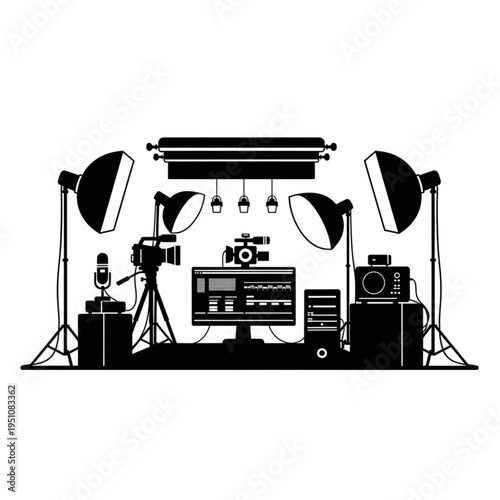 Detailed Illustration of a Modern Video Production Studio Setup.