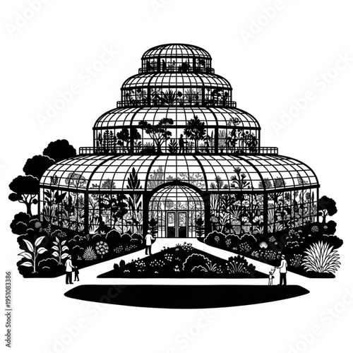 Detailed illustration of a tiered greenhouse with intricate architectural design.