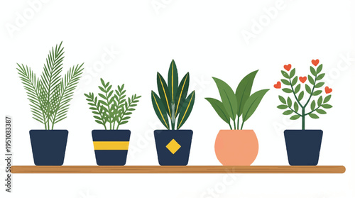 five potted plants on a wooden shelf indoor gardening decoration