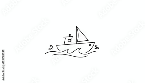 Simple Line Drawing of a Sailboat on Wavy Water, Minimalist Nautical Icon