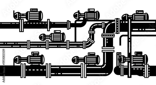 Detailed Illustration of Industrial Piping System with Valves and Connections.