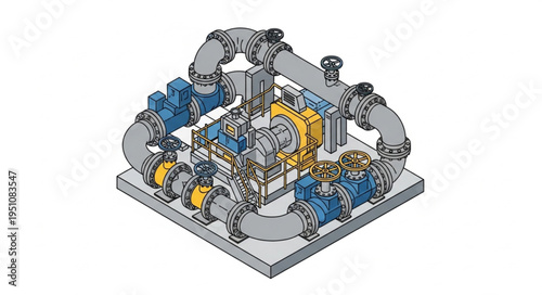Detailed Isometric Illustration of an Industrial Machine System.