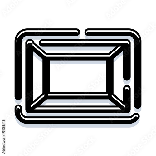 Abstract geometric shape creating an optical illusion of depth and a three dimensional hallway, featuring a bold black outline with a shadow effect on a white background