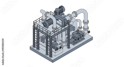 Detailed Isometric Illustration of an Industrial Plant and Machinery.