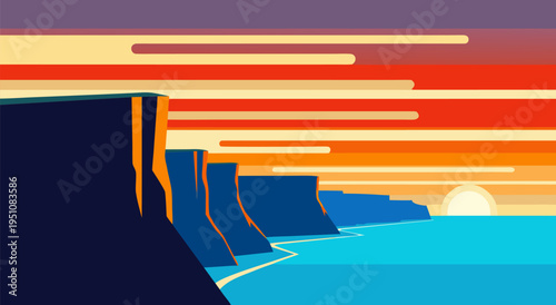 Stunning Coastal Sunset Landscape Vector Illustration