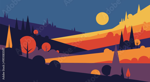 Vibrant Sunset Over Rolling Hills A Stylized Vector Illustration