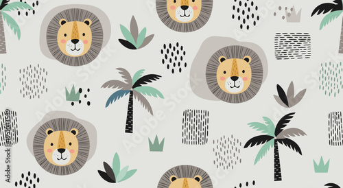 Seamless pattern with cute lion faces, palm trees, and abstract elements, vector illustration for kids