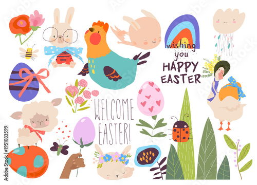 Cartoon Easter Set With Little Cartoon Bunnies, Ester Eggs and Flowers