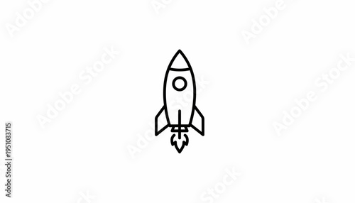 Simple line art icon of a rocket ship launching with fire and smoke from its base, symbolizing startup and space travel.