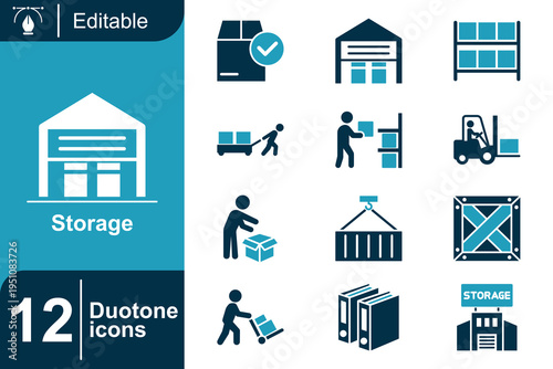 Storage icon set. Warehouse storage system, inventory management, logistics process, goods handling, packaging distribution, supply chain concept and more. Duotone vector icons collection.