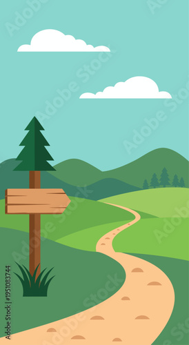 A directional wooden signpost on a winding path through rolling green hills under a blue sky with clouds, vector illustration