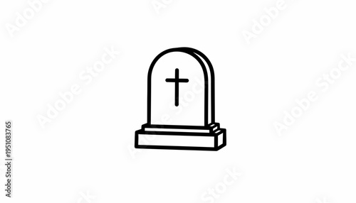 Simple Line Art Icon of a Tombstone with a Cross, Representing Death and Remembrance