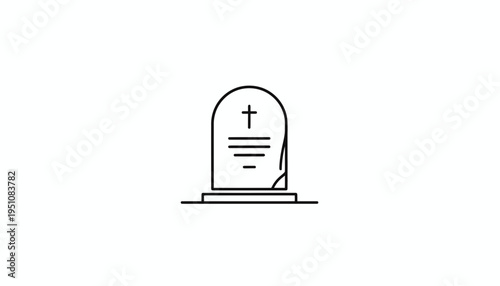 Simple Line Art Icon of a Tombstone with Cross and Lines
