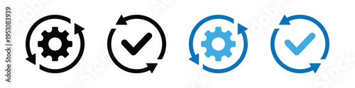 Sync process icons with circular arrows, Settings gear and check mark symbols, update process, automation and system workflow concept. Transparent PNG and vector