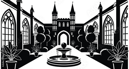 castle, courtyard, garden, fountain, gothic, architecture, palace, historic, building, landscape, symmetry, plants, trees, pathway, elegant, illustration, minimal, black, silhouette, design