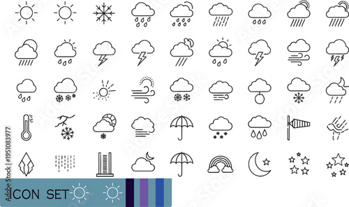 Print Minimalist Weather Forecast and Meteorological Icon Set Featuring Sun Rain Snow Thunder and Cloud Symbols for Mobile Apps and Digital Interface Design