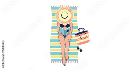 Vector illustration of woman in swimsuit lying on striped beach towel with sun hat and sunglasses