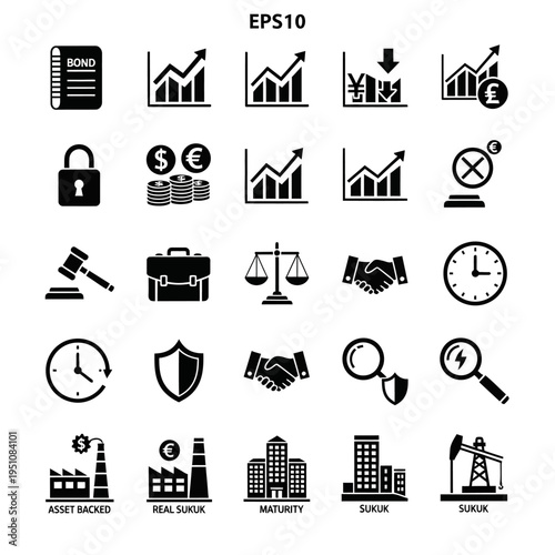 A collection of 25 black and white icons representing various financial and business concepts, including graphs, currency, security, legal, and industrial elements.
