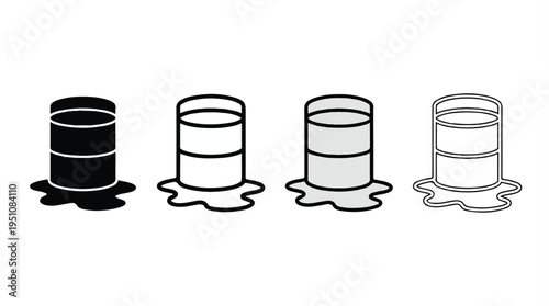 Four oil drums with spills in different shades of gray and black