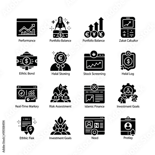 Collection of Islamic Finance and Business Icons, representing concepts like performance, investment goals, and risk assessment.