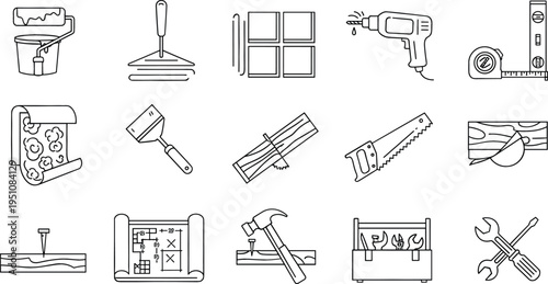 Home improvement and DIY tools line icons set with paint roller, drill, hammer, saw, woodworking and renovation equipment outline vector collection
