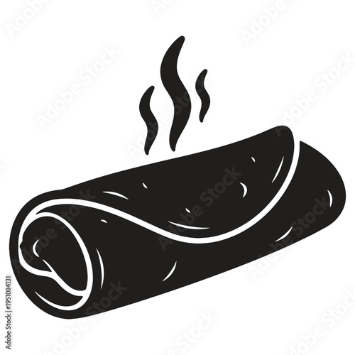 Stylized black and white illustration of a hot savory burrito or wrap emanating steam perfect for food service or culinary design elements