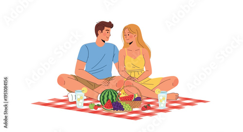 Vector illustration of couple having picnic with fruit